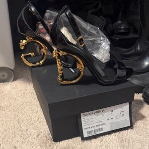 Dolce & Gabbana Black Patent Slingbacks with Ornate Gold 'DG' Heels